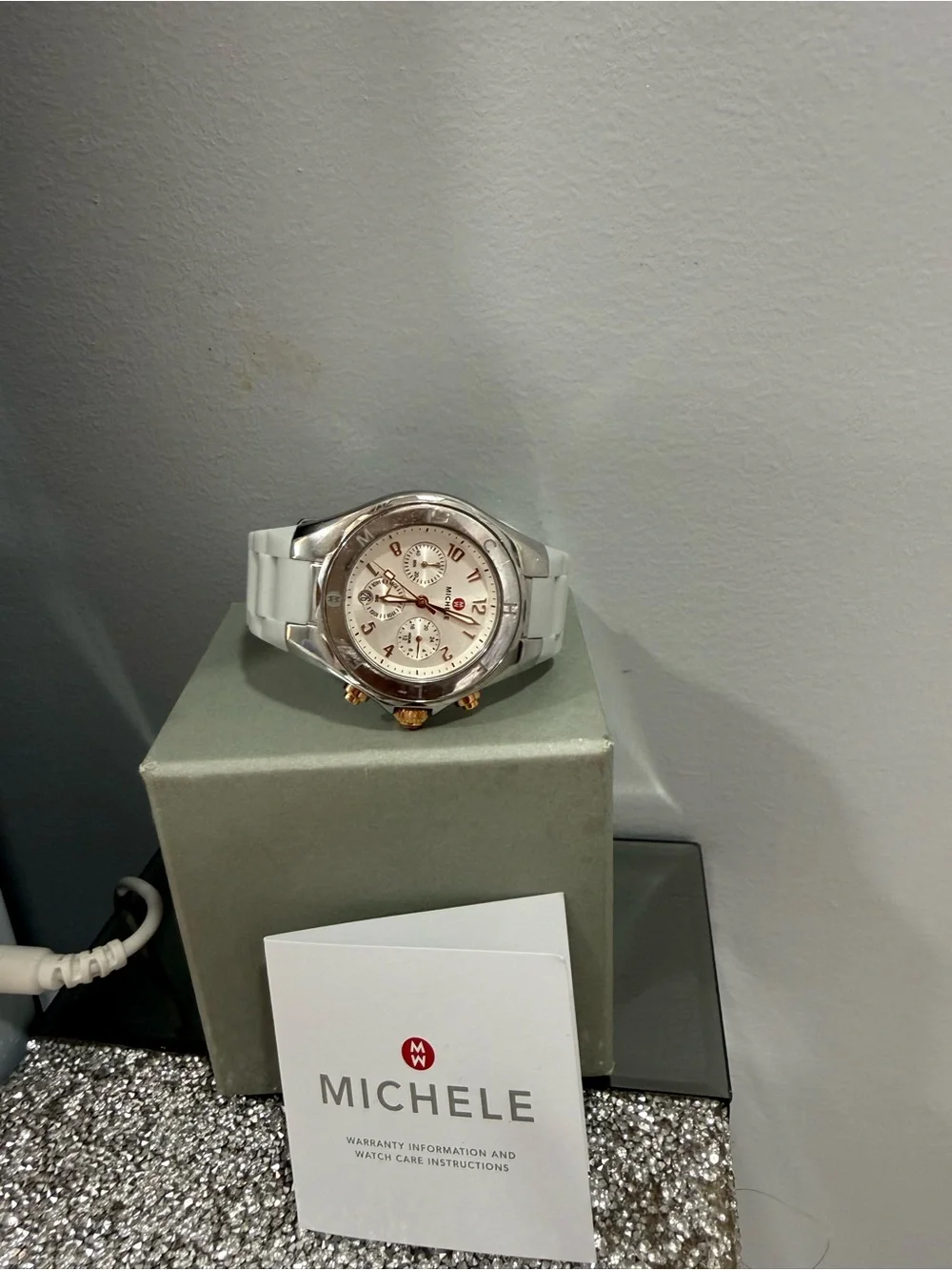 Michele White and Rose Gold Accent Ceramic Chronograph